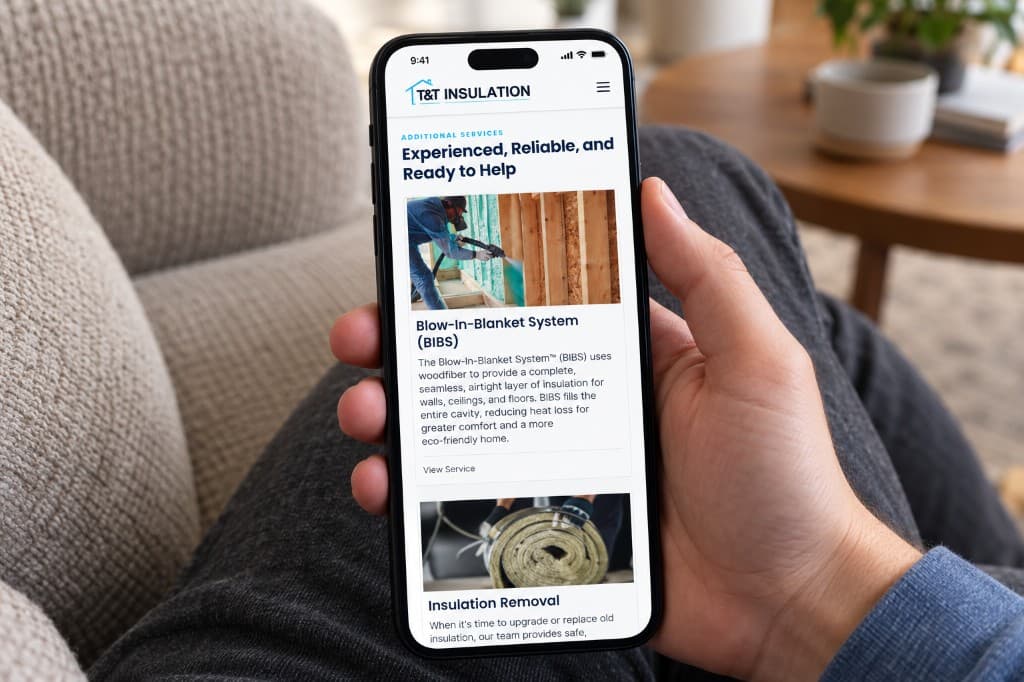 A phone held over a sofa, showing a T&T Insulation services page with photographs of spray-foam work and insulation materials.