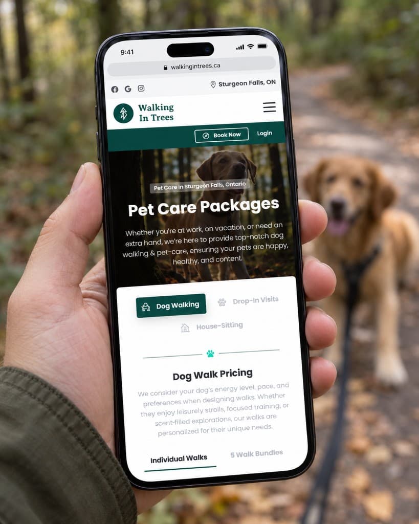 A hand holding a phone on a forest path, showing a Walking in Trees page about pet-care packages above a dog walk pricing section.