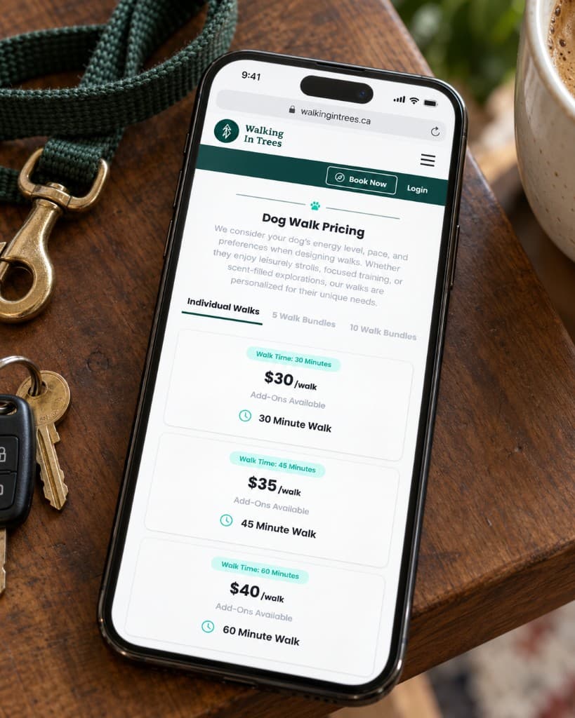 A phone on a wood table beside a leash and keys, showing a Walking in Trees page of dog-walk pricing options.