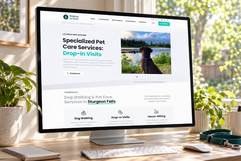 A desktop computer on a bright desk showing a Walking in Trees page about drop-in visits, with a photograph of a dog by the water and three service listings below.