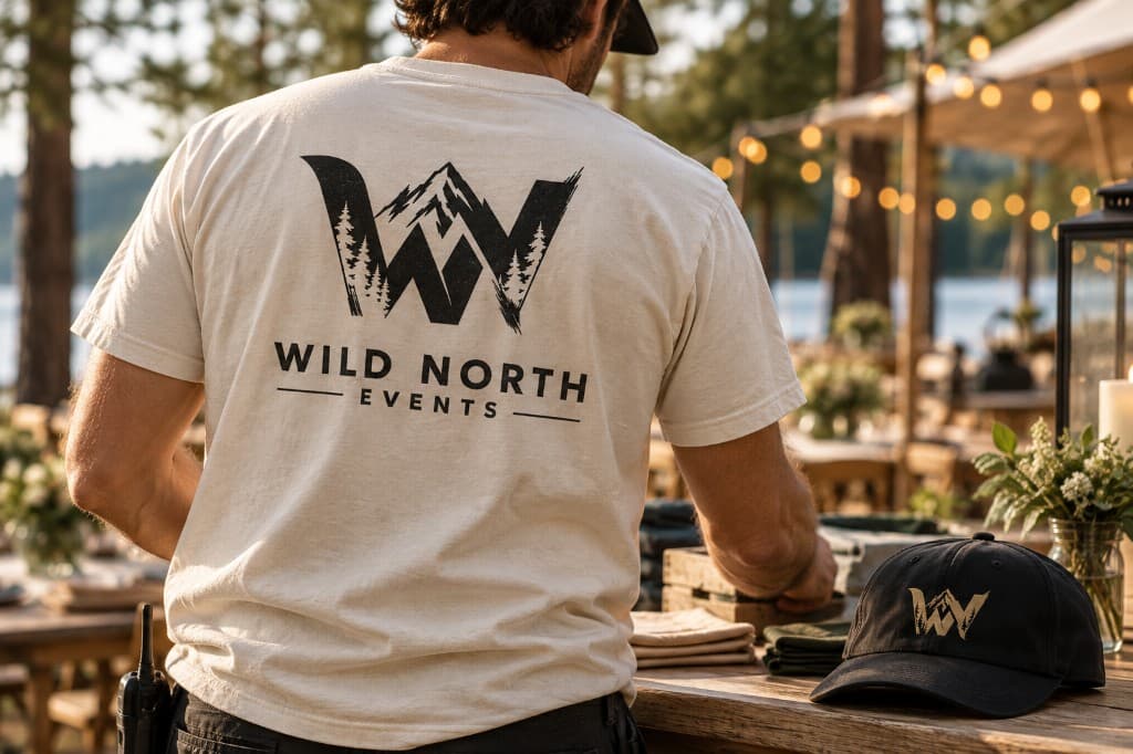 The back of a cream t-shirt printed with the Wild North Events logo, beside a black cap with a gold WN mark on a wood table.
