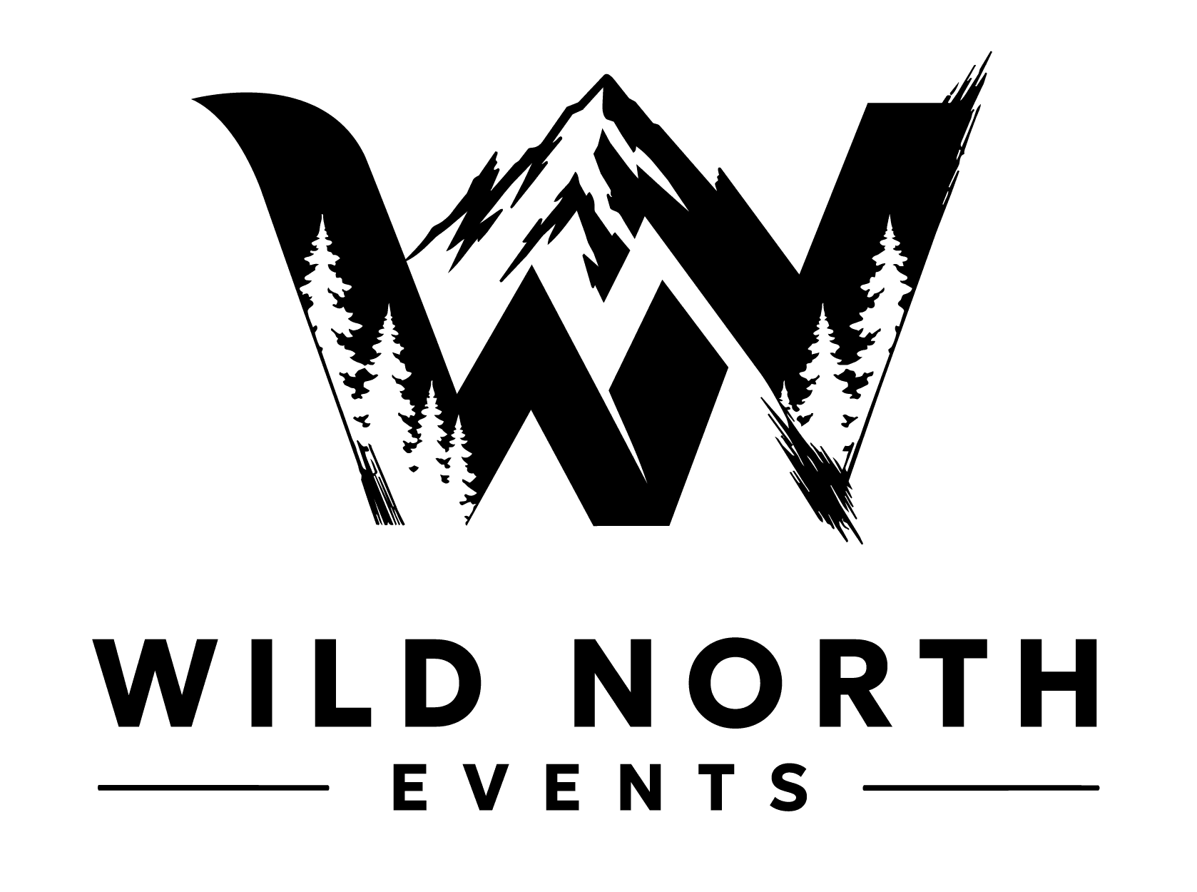 Wild North Events logo in black: a WN monogram with a mountain peak rising between the letters and pine trees along the outer strokes, above WILD NORTH in bold capitals and EVENTS in spaced letters between two rules.