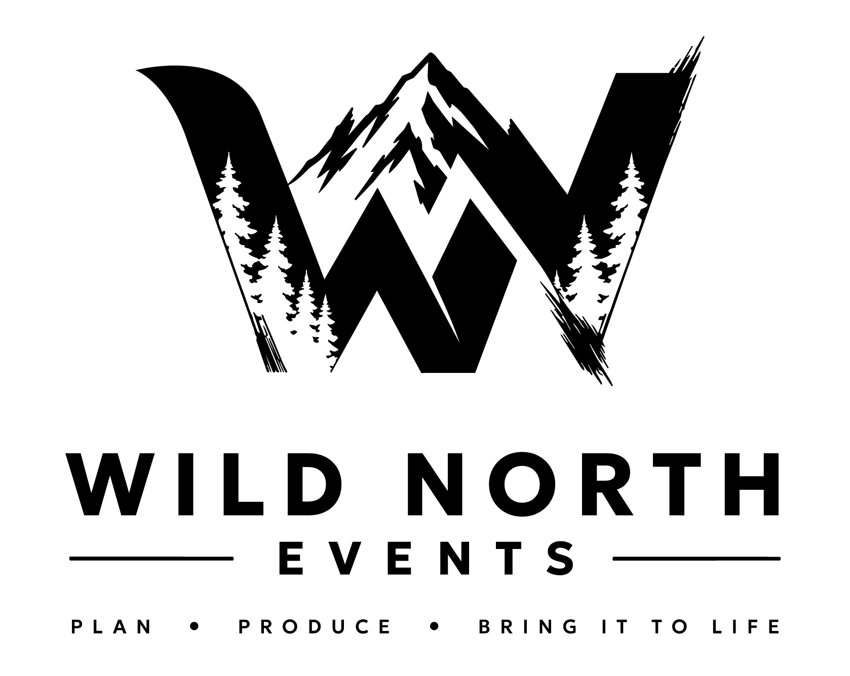Wild North Events primary logo in black with the tagline PLAN, PRODUCE, BRING IT TO LIFE set in spaced capitals beneath it.