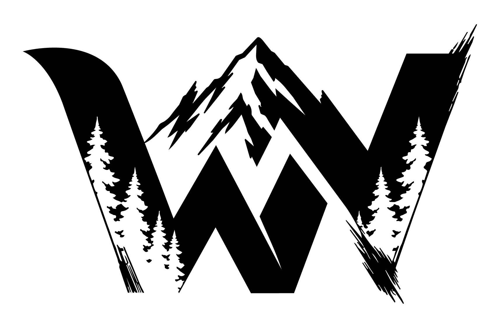 The standalone Wild North Events WN mark in black, showing the mountain peak, brush-textured strokes, and pine trees in detail.
