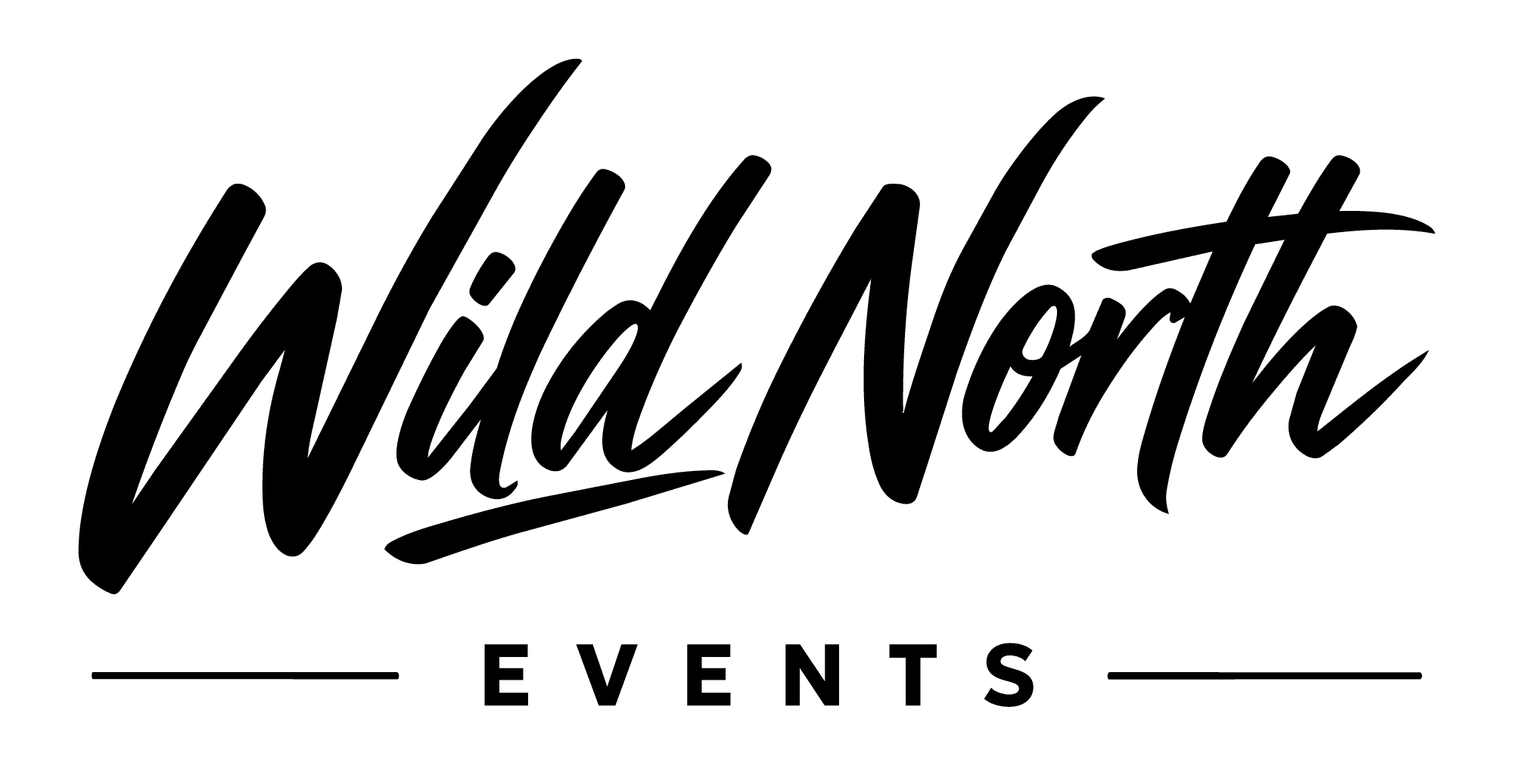 Wild North Events written in an energetic brush script, with EVENTS in spaced capitals between two rules beneath it, in black.