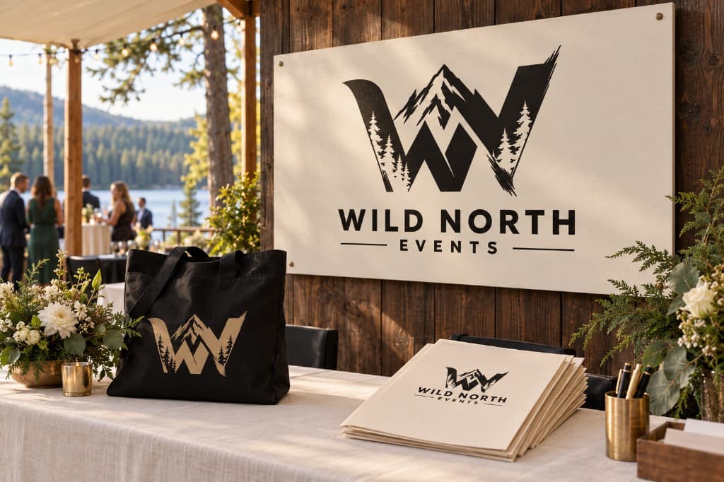 A Wild North Events welcome table: a cream wall sign with the WN mark and wordmark, a black tote with a gold mark, and a stack of cream stationery with the logo.