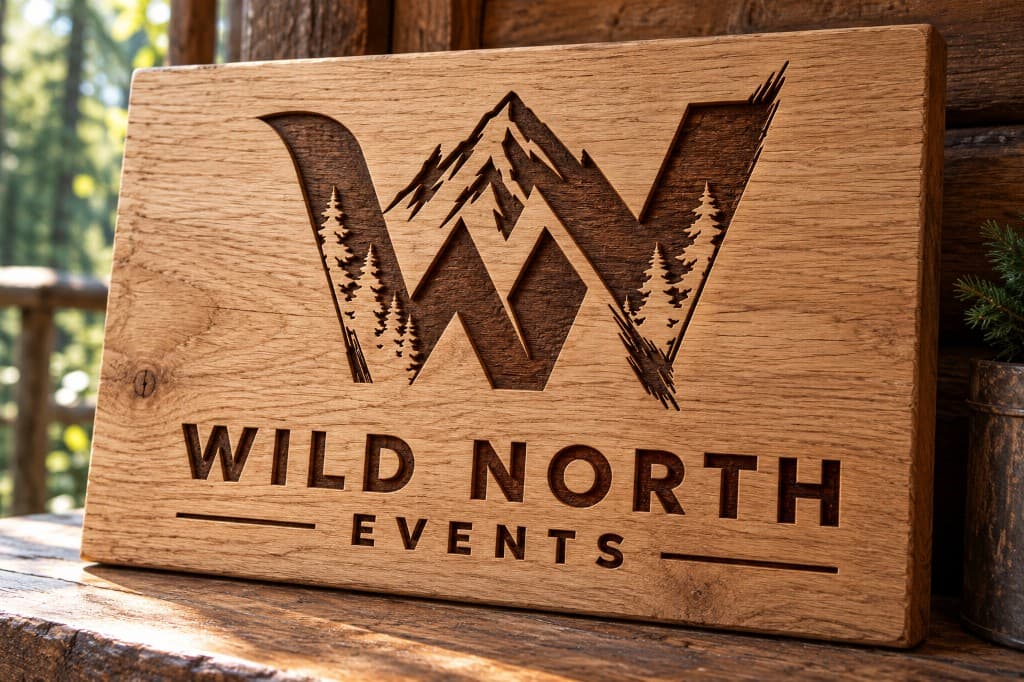 A light wood sign carved with the Wild North Events WN mark, a mountain peak, pine trees, and the WILD NORTH EVENTS wordmark.