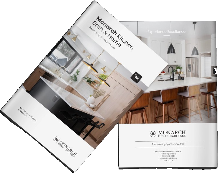 Two Monarch Kitchen, Bath & Home brochure covers: one with a bright kitchen photograph and the title Transforming Spaces Since 1981, the other headed Experience Excellence with a kitchen island and wooden stools.